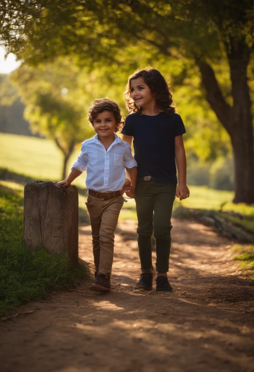 menino: Miguel, aproximadamente 5 anos de idade, cabelo curto estilo Disney, olhos castanhos e sorrisos. garota: Giovana, 2 anos, longos cabelos pretos e olhos azuis. scenecy: Miguel and Giovana are in a cozy little house in the valley, ao fundo um dia ensolarado, Destacando o Sol.