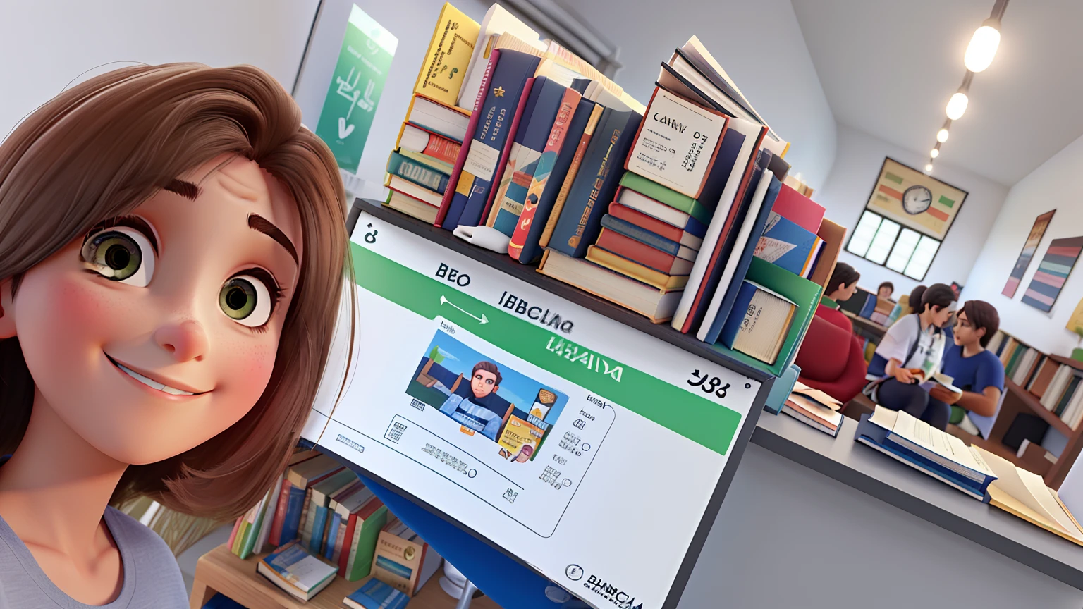Uma bela jovem de cabelo longo cacheado, sentada lendo um livro na varanda