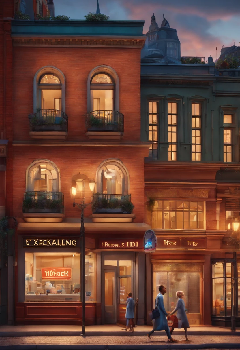Pixar 3D-style drawing of a slimming clinic in the city center with a character in the foreground
