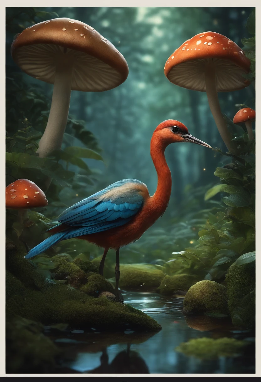 masutepiece, Macro photo of a bird drinking water in the forest, Dusk, mushrooms, dew, High contrast, Studio Ghibli style, very intricate, Highly detailed, Photorealistic style