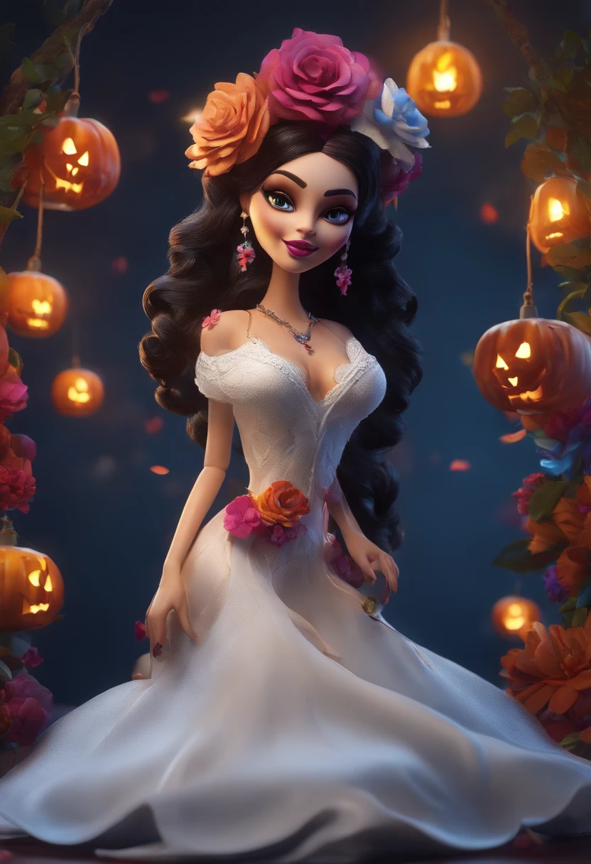 generation craft Glossy plastic logo White calligraphy "DANY", colorful 3D ink splashes, clean background, 8k UHD, painting, 3d render, fashion, cinematic, photo, on flor a cute catrina doll with cute smile sitting with flowers, skulls and jack lanterns, vibrant, anime, illustration, fashion, painting, 3d render, dark fantasy