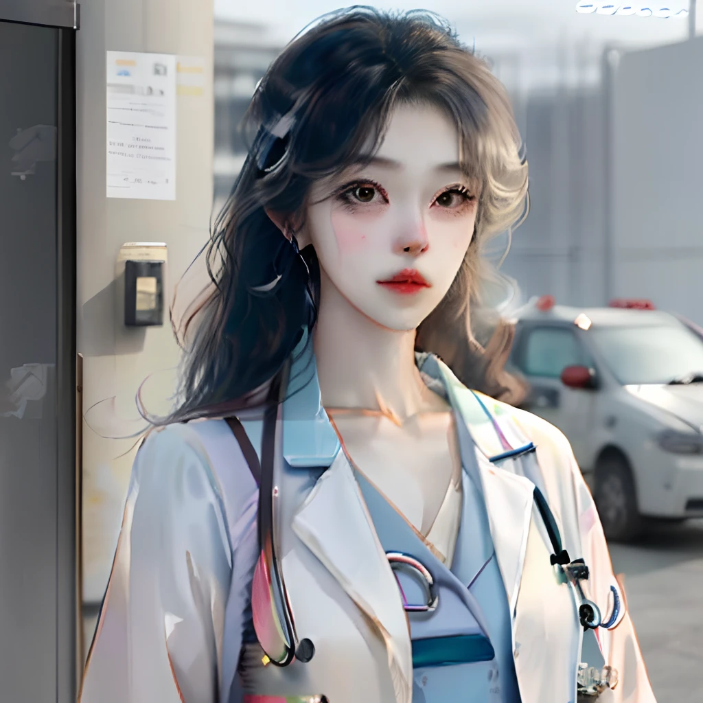 Female doctor、Psychiatrist、Black hair long hair、Center division、Manteau blanc、Real Beauty