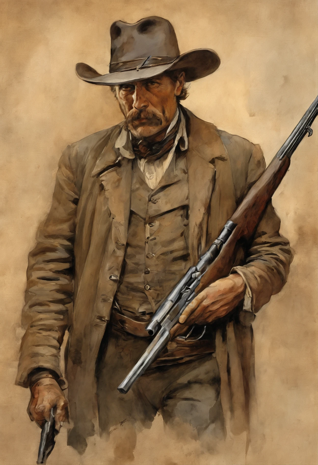 Um pistoleiro do Velho Oeste, with a determined look and a gun in his hand. The image is inspired by the works of Clint Eastwood, como "The Lone Gunslinger" e "O Bom, o Mau e o Feio". The gunslinger must have an air of mystery and danger, como se estivesse prestes a enfrentar um duelo mortal. As cores devem ser vibrantes e contrastantes,
como os de Alphonse Mucha. Os detalhes devem ser delicados e complexos, como o de Mucha;. The strokes should be thick and almost erased, como estampas de arte de rua. The lines that delimit the shapes should privilege coarser and straighter angles.