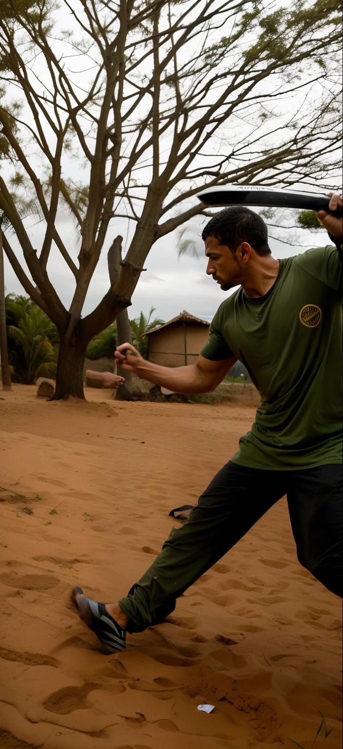 hand to hand combat with machete, dramatic action shot, postura de luta, malhar no campo, in an action pose, epic action shot, dramatic action pose, combate corpo a corpo, action shot, Cinematic fight in the middle of the shot, postura de luta, Pose de luta, action pose