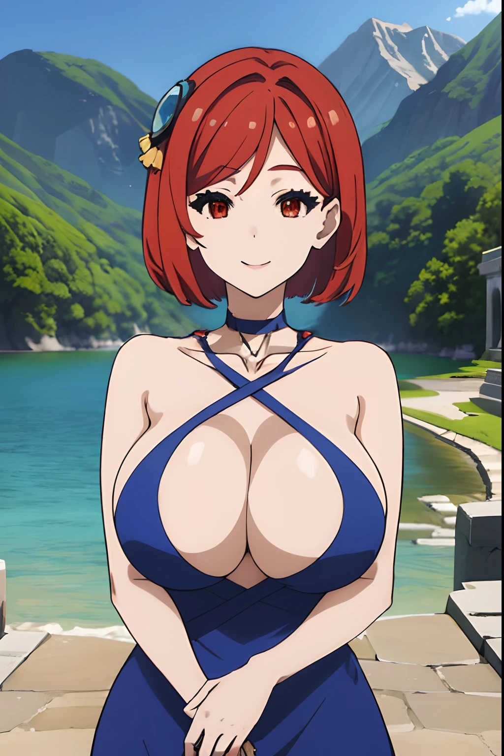 Huge tits, temple ruins, (best quality), (masterpiece), ariadoa, short hair, red hair, red eyes, hair ornament, blue dress, cleavage, large breasts, choker, blue halterneck, blue criss-cross halter, looking at viewer, smiling, lake, mountain,