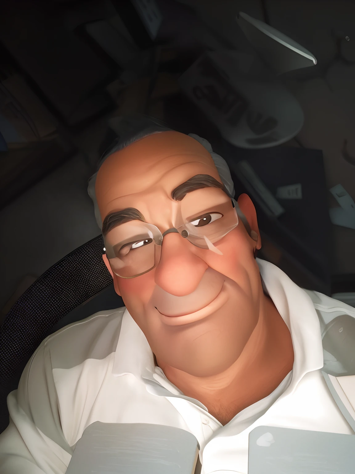 velho, inspirado na Disney Pixar, Inspirado pelo pastor ( Rubens Janeiro ) A gray-haired man wearing glasses in an office with a book on the table looking to the serious future, old man, cabelos grisalhos, um terno