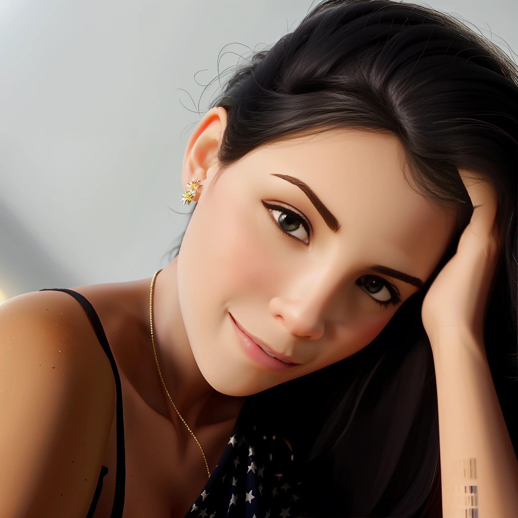 mulher brasileira bonita 29 anos, 1,50 meters and 40kg sitting, beautiful face, cabelos castanhos claros, comprimento abaixo dos ombros,com olhos castanhos claros , Cinematic light, luz suave, retroiluminado, micro-detalhes, renderizado, fotorrealista.