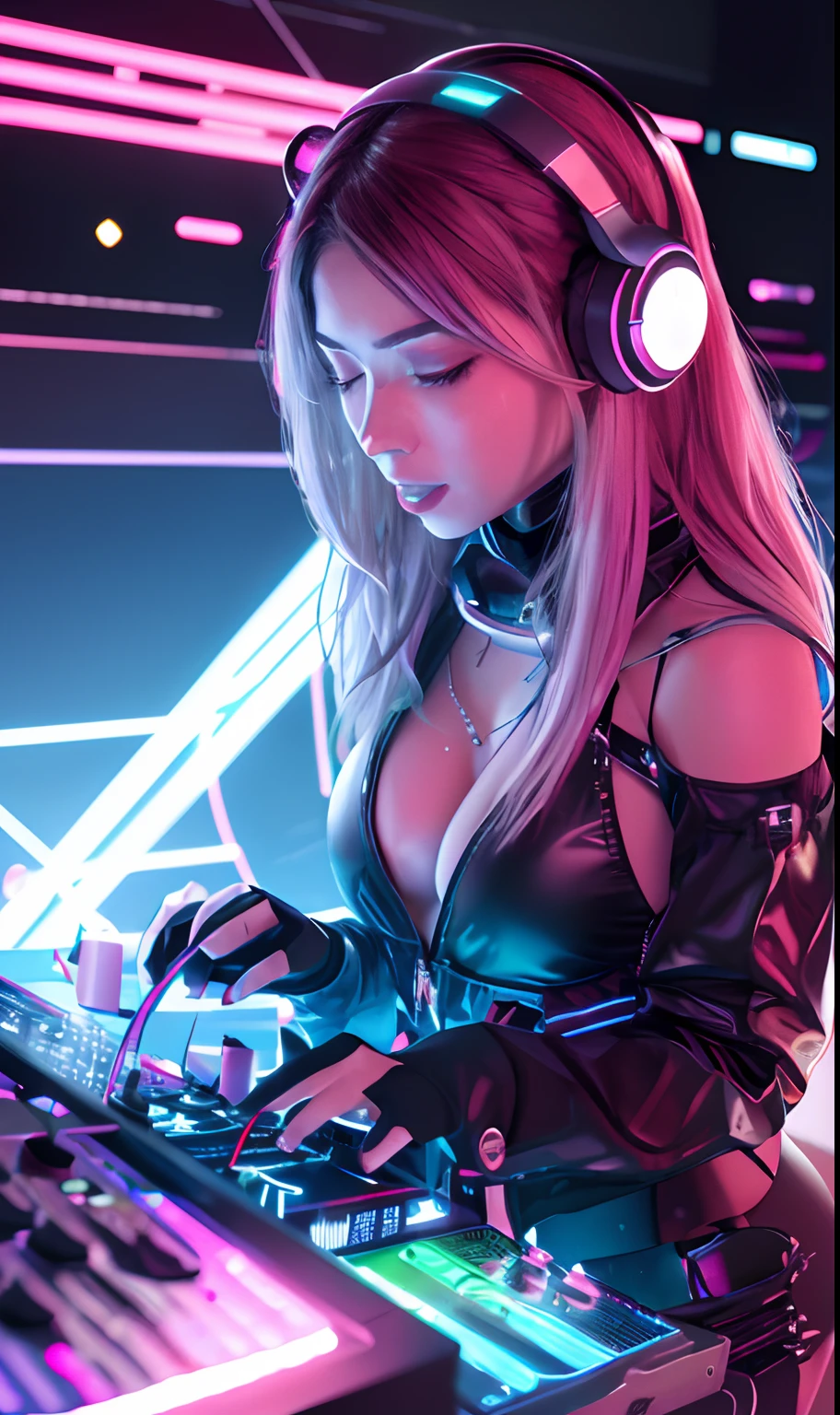 XSGB,retrato,1girl,tiro de corpo inteiro,Dynamic,(Cyber DJ),(Mixing music in a futuristic club:1.2),(glowing neon lights:1.1),a dynamic portrait of a cybernetic DJ mixing music in a futuristic club with bright neon lights,(Holographic Record Player),(Crowd dancing in the background),(energy atmosphere:1.3),capturando a energia de uma vida noturna futurista.,