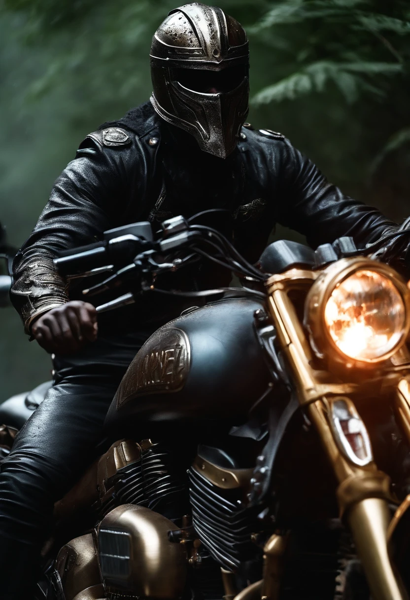 Close-up (Motoqueiro Fantasma da Marvel no estilo Viking: 1.3) emerging from wet black mud, extremamente detalhado, smoke billowing, Sparks, Metal shavings, Detritos voadores, volumetric light