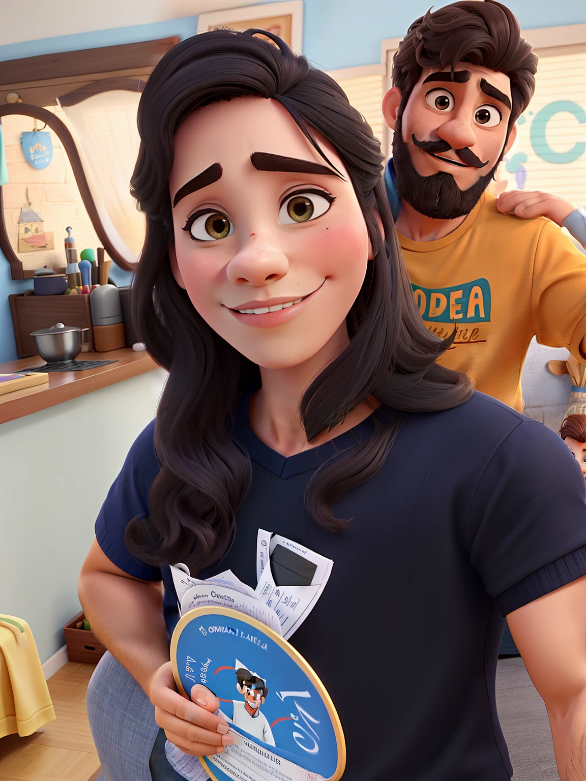 Casal feliz igual filme da Disney amor, homem com barba longe e bigode, mulher de cabelo preto