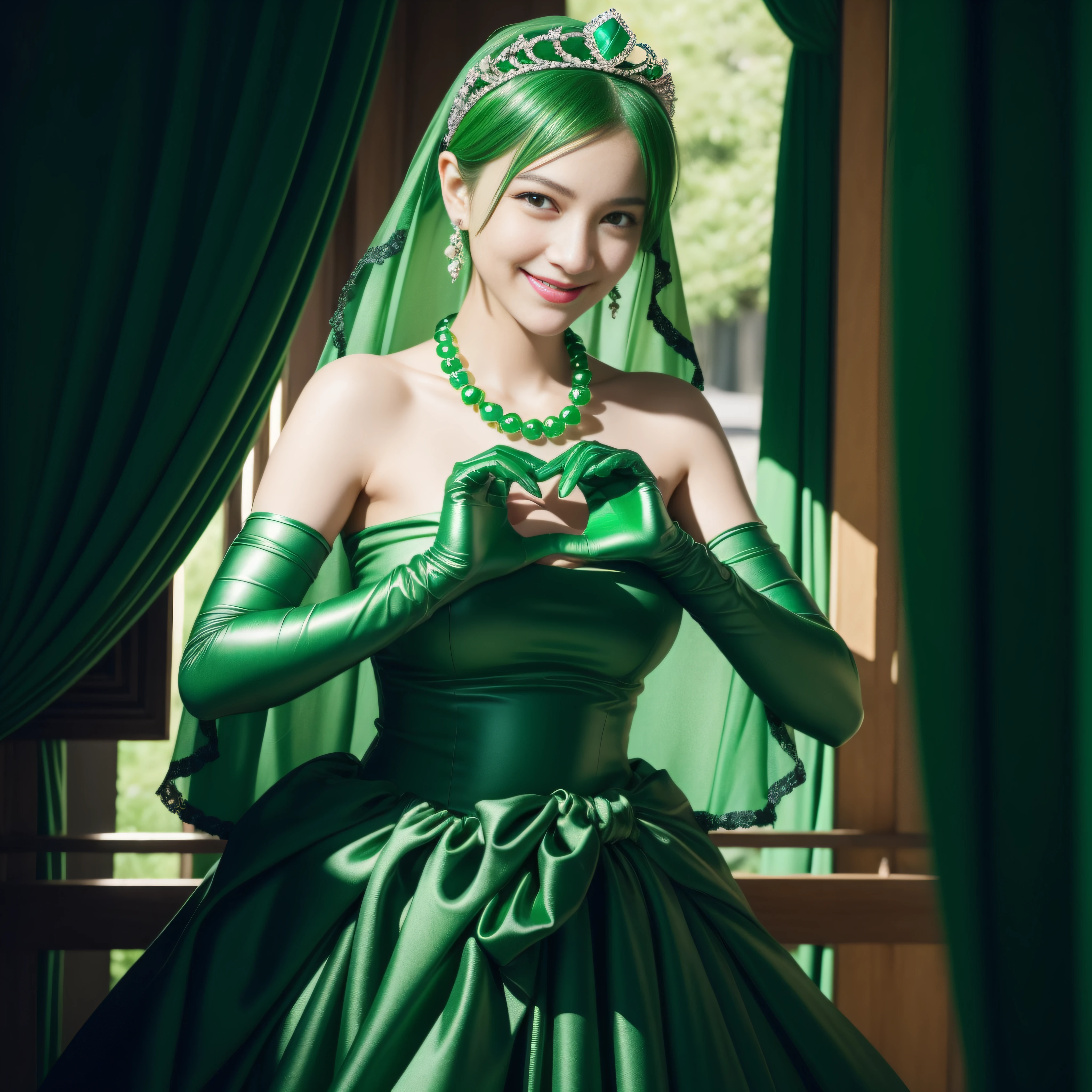 emerald tiara, Green Pearl Necklace, Boyish very short green hair, lipsticks, Japan woman smiling, very short short hair,  big breasts beautiful, Green eyes, Long green gloves made of satin material, Green eyes, Emerald Earrings, green vale, Heart with both hands,Pregnant Woman