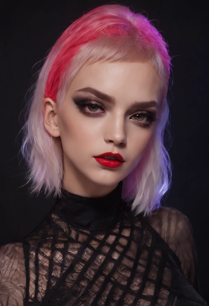 Punk woman wearing a black fishnet top posing for a photo in a club at night, night club lights, black make-up, techno aesthetic, techno fashion, red neon lights, ultra detailed, masterpiece.