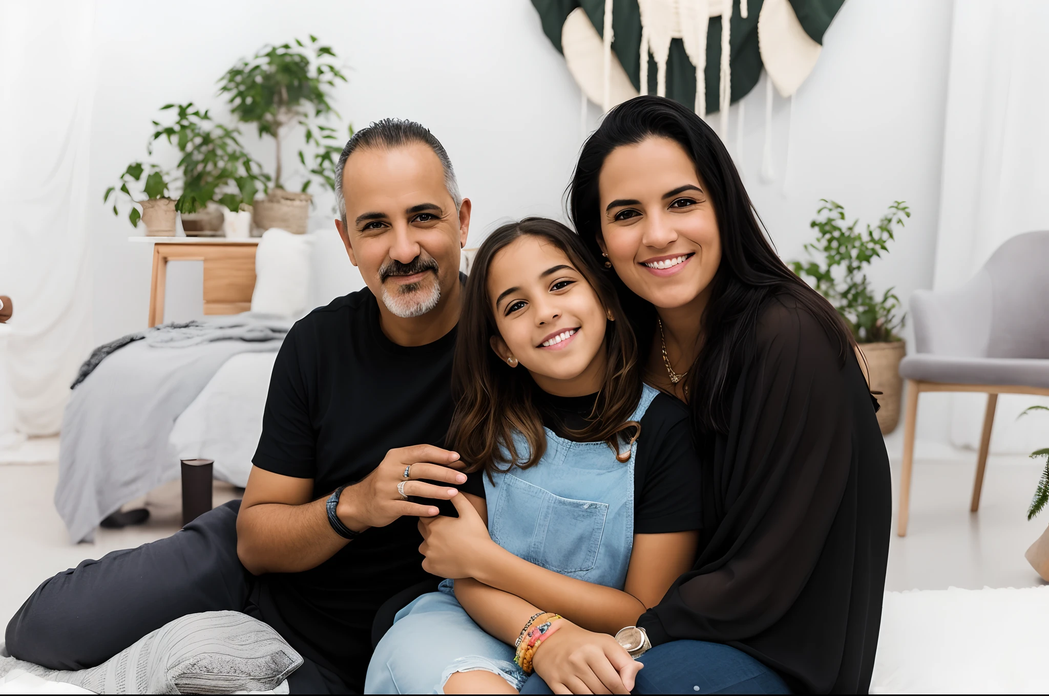 There's a man and a woman sitting on a bed with a  girl, home fotografia retrato, portrait of family of three, family photography, Malika Favre, imagem de perfil, family portrait, Directed by: Juan O'Gorman, Happy family, 7 0 mm portrait, retrato de alta qualidade, Retrato de 60mm, imagem retrato, fami, imagem empilhada