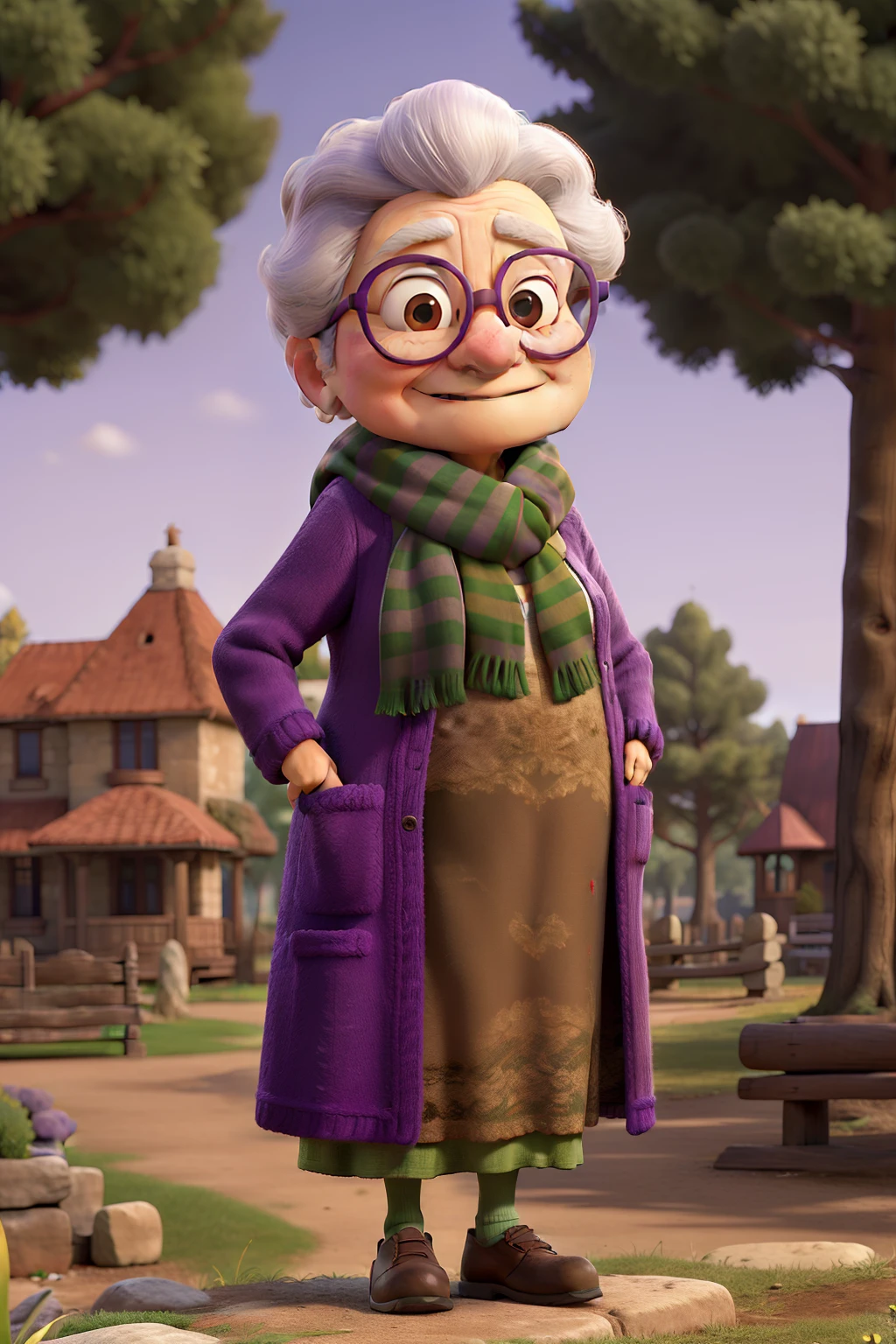 masterpiece, best quality, an old woman with glasses and a scarf on, wearing a purple coat and green scarf, standing at the park