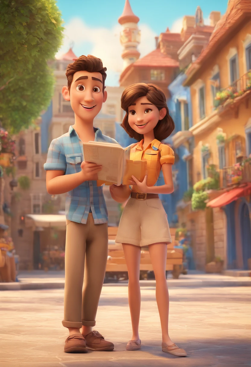 Cartoon of friends having fun on vacation together, 3D Animation Movie Poster, Poster de filme animado, pixar 3 d animation style, pixar renderman rendering, maia 8 mil, animated film, Disney Pixar Estilo 3D, amigos felizes saem juntos, all wearing light blue shirts and cream brown long pants, camisa azul clara, cream brown pants, ao ar livre, vacation, Disney Pixar Animation Poster