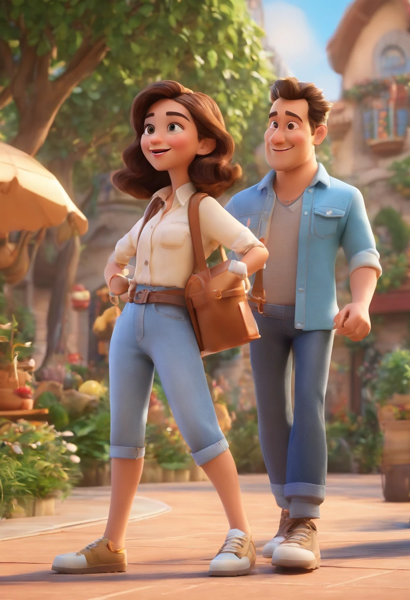 Cartoon of friends having fun on vacation together,  3D Animation Movie Poster, Poster de filme animado, pixar 3 d animation style, pixar renderman rendering, maia 8 mil, animated film, Disney Pixar Estilo 3D, amigos felizes saem juntos, all wearing light blue shirts and cream brown long pants, camisa azul clara, cream brown pants, ao ar livre, vacation, Disney Pixar Animation Poster
