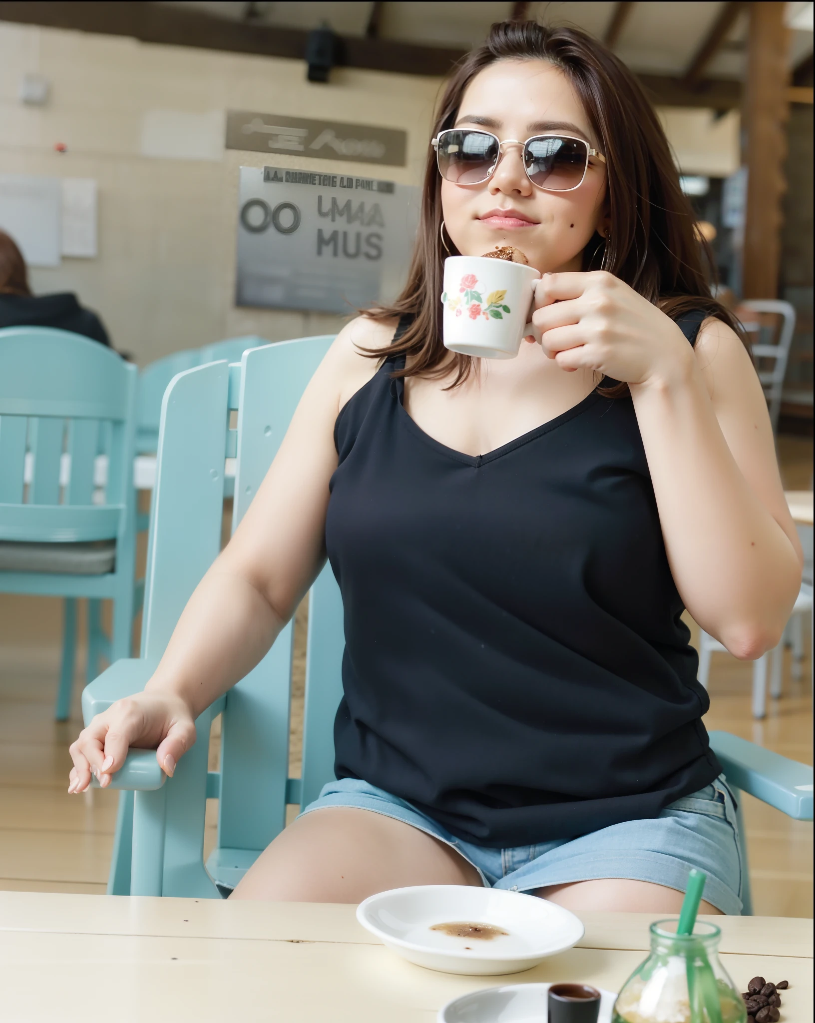 mulher sentada em uma cadeira bebendo de um copo com um pires, drinking coffee, drinking a coffee, 3 0 anos de idade mulher, Mulher de 30 anos, swimming in a pool of coffee, sentado na praia, Relaxando na praia, enjoying coffee at a coffee shop, with sun glasses, sitting at a café, com uma bebida, drinking tea