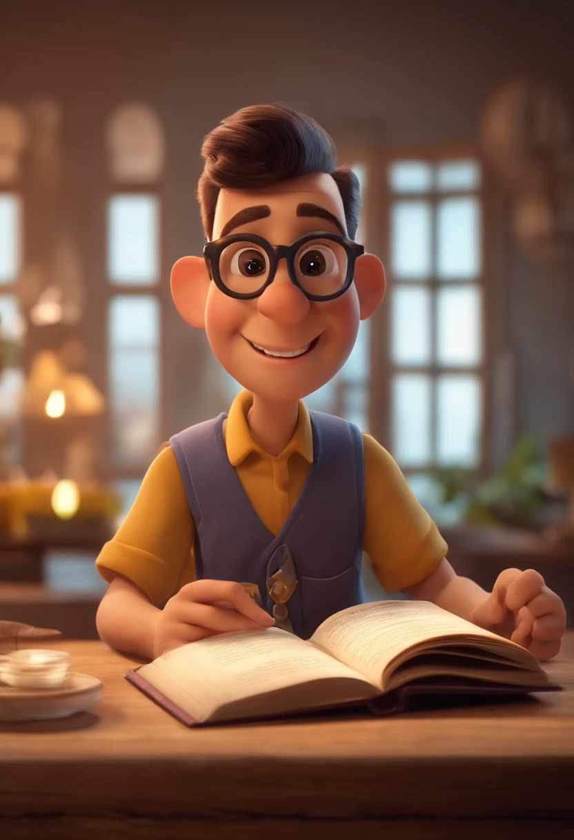 Estilo Pixar, Disney, arte conceitual, Arte digital 3D, Um gordinho, bald man, cavanhaque wispy, Teaching Reading Glasses "geografia" for kids in a Pixar school, Disney, arte conceitual, Arte digital 3D, Maya 3D |, ZBrush sombreamento Central 3D, fundo colorido brilhante, fundo de gradiente radial, cinemactic, Reimaginado pela luz industrial e magia, 4k resolution post processing