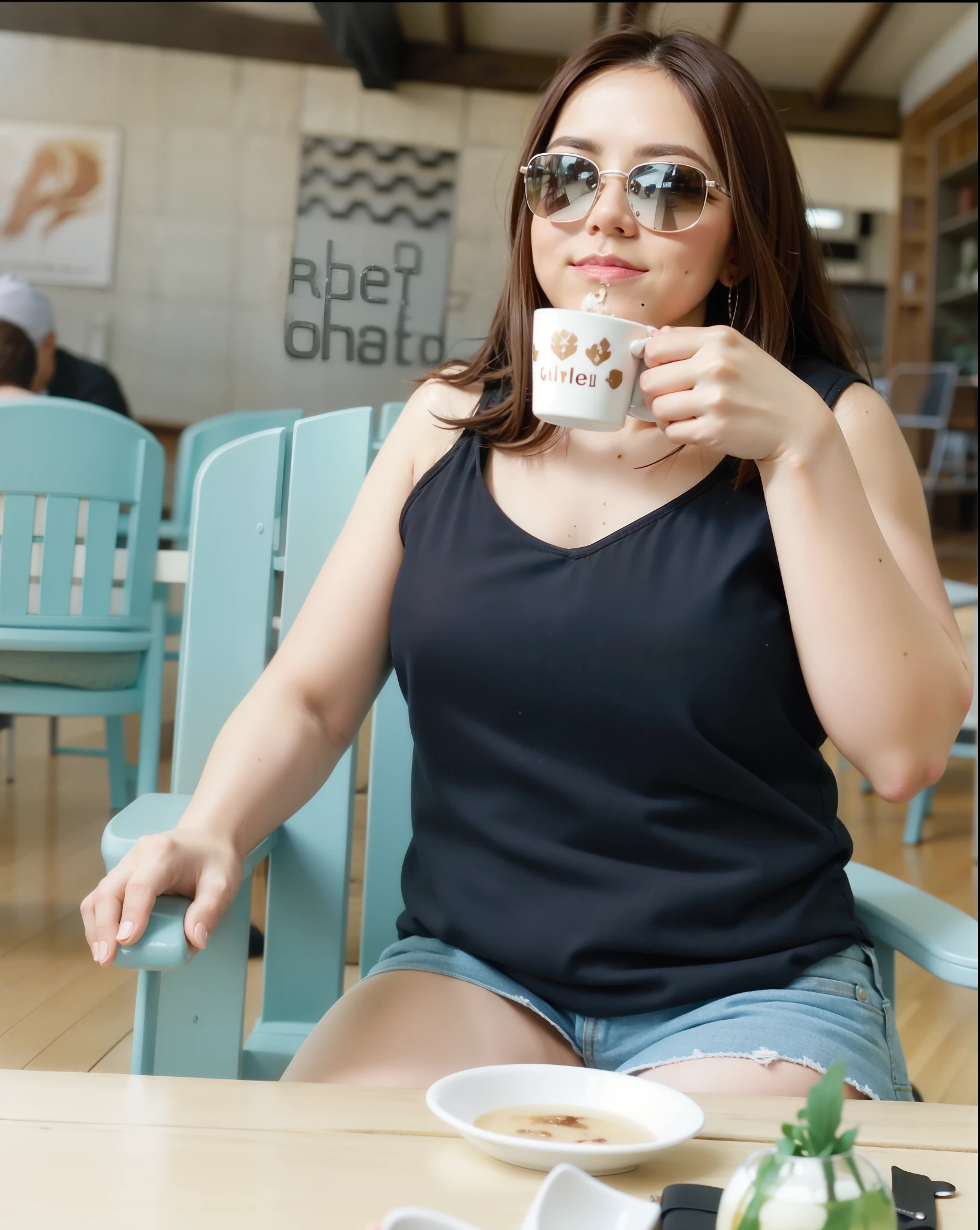 mulher sentada em uma cadeira bebendo de um copo com um pires, drinking coffee, drinking a coffee, 3 0 anos de idade mulher, Mulher de 30 anos, swimming in a pool of coffee, sentado na praia, Relaxando na praia, enjoying coffee at a coffee shop, with sun glasses, sitting at a café, com uma bebida, drinking tea