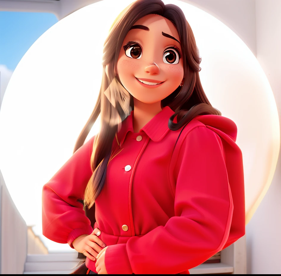 Uma mulher linda, morena, cabelo castanho, sorridente,