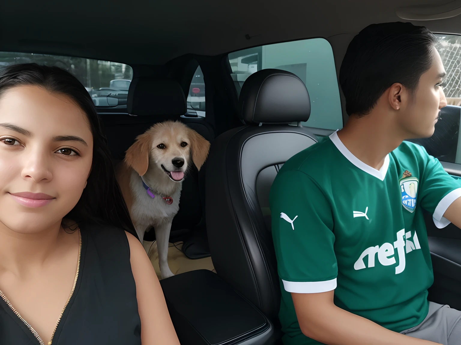 There's a man and a woman sitting in a car with a dog, no Taco Bell Drive Through, with dogs, In Sao Paulo, sentada em seu carro, Tiro no iPhone 6, with stray dogs, foto de baixa qualidade, Malika Favre, Tiro com iPhone 1 0, cachorro observando o carro, non blurry, tirado no iphone 14 pro