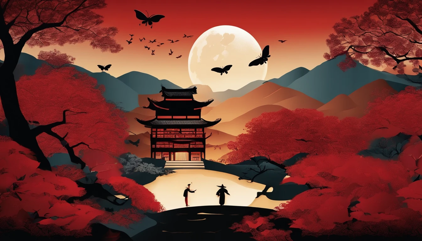 Dream of a butterfly, Flat Paper Cutout，Red background。(Best Quality,4K,8K,hight resolution,masutepiece:1.2),Ultra-detailed,Realistic:1.37,Traditional Japan Art Style,Moonlit landscape,Moonlight silhouette art,Cut Paper Art,Layer effects,Projected shadows,Paper cutouts with intricate details,smooth lines,Harmonious colors,Celebrating the Mid-Autumn Festival,Boy staring at the moon, Chinese cultural elements,Enigmatic atmosphere,High contrast between light and shadow.
