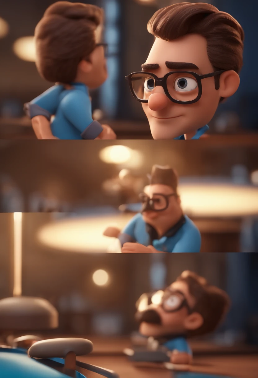 Cartoon character of a man with black glasses and a blue shirt, animation character, Caractere estilizado, animation style rendering, 3D estilizado, Arnold Maya render, 3 d render stylized, toon render keyshot, Personagem 3D, Personagem 3D, 3d rendering stylized, 3 d character render, personagem de desenho animado, Personagem de close up, Pose de personagem,  (Estilo Pixar) (master part:1.2) (Bokeh) (best quality) (pele detalhada) (textura detalhada) (8k) (argila) (Cinematic lighting) (foco nítido