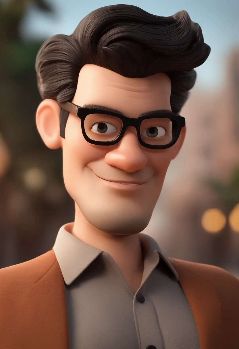Cartoon character of a man with Japanese features and black glasses, cabelo cacheado marrom escuro, corte de cabelo degrade e uma camisa preta, animation character, Caractere estilizado, animation style rendering, 3D estilizado, Arnold Maya render, 3 d render stylized, toon render keyshot, Personagem 3D, Personagem 3D, 3d rendering stylized, 3 d character render, personagem de desenho animado, Personagem de close up, Pose de personagem,  (Estilo Pixar) (master part:1.2) (Bokeh) (best quality) (pele detalhada) (textura detalhada) (8k) (argila) (Cinematic lighting) (foco nítido
