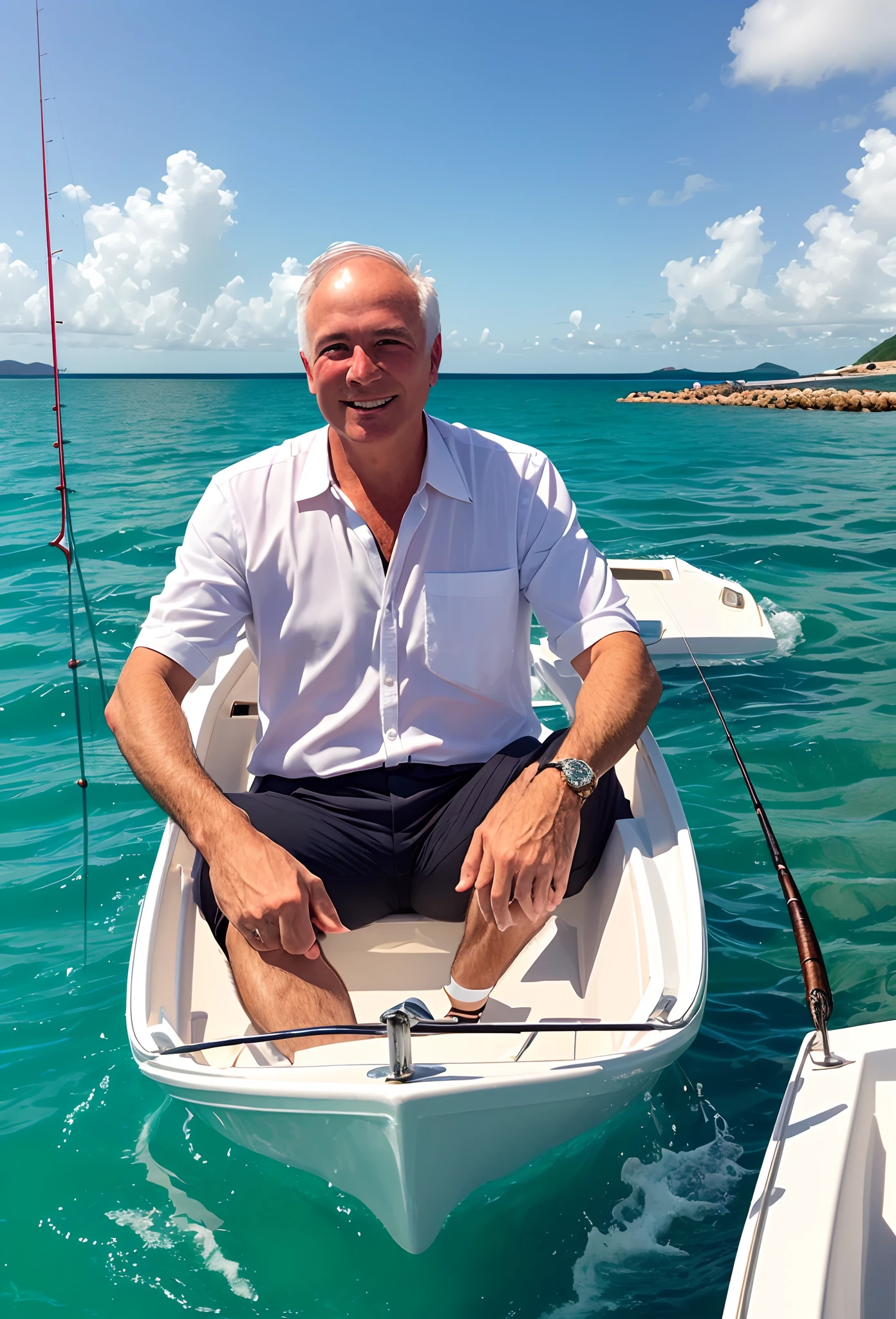 There's a white man, moreno claro, com cabelos ondulados pretos e curtos, rosto levemente arredondado, Small eyes and cheerful expression, He's on a speedboat at sea fishing and holding a large marine fish