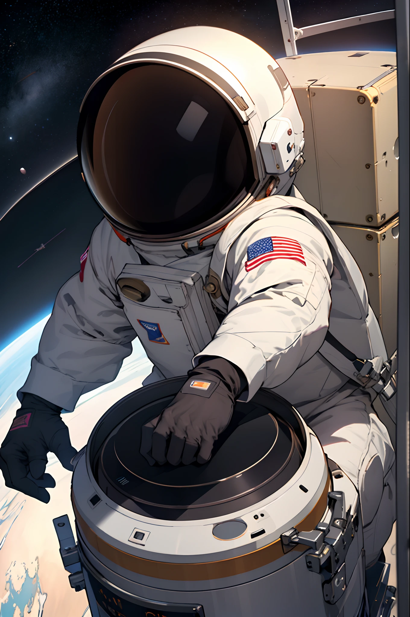 Astronaut in spacesuit playing drums on the surface of Saturn