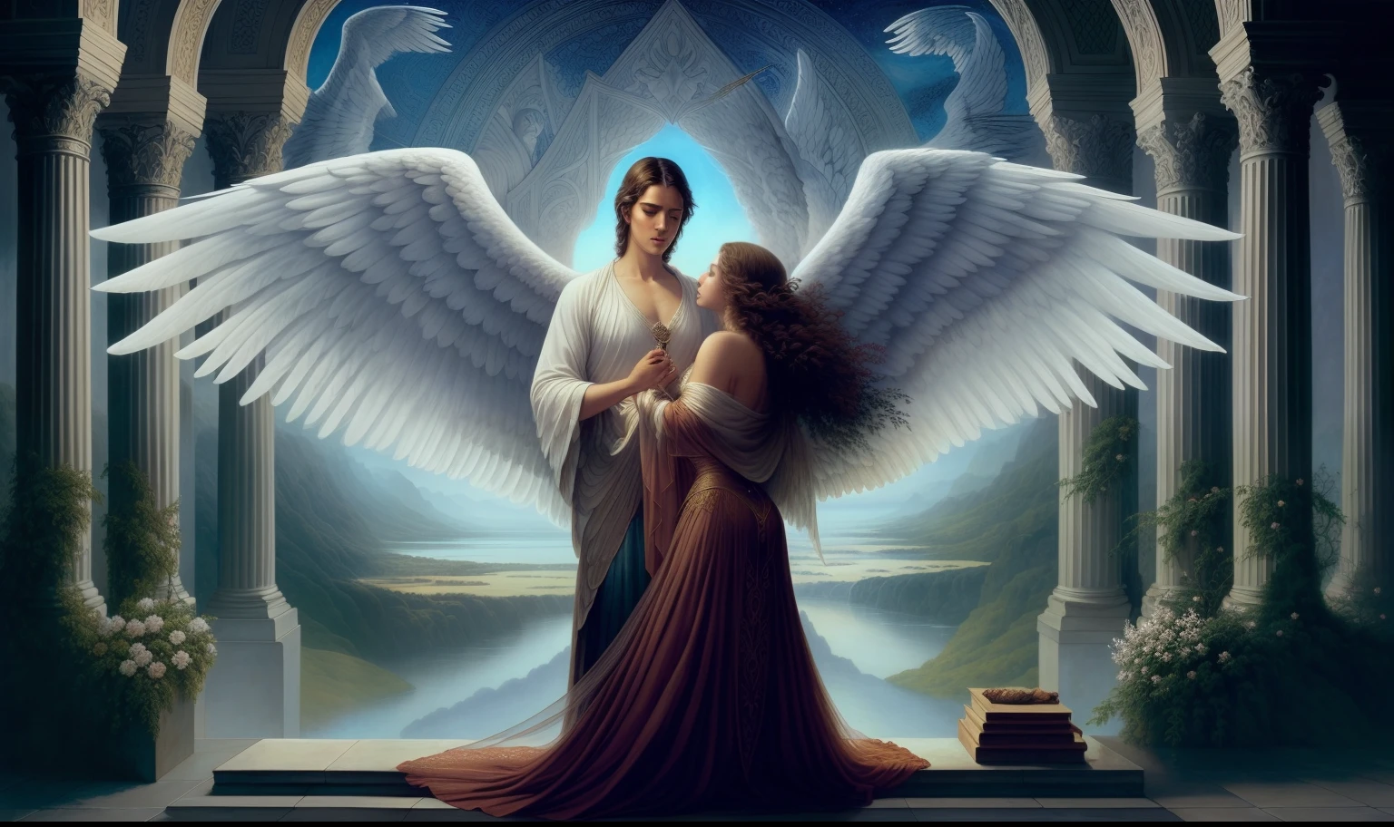 Light-skinned angel with golden hair and black wings holding a woman's hand