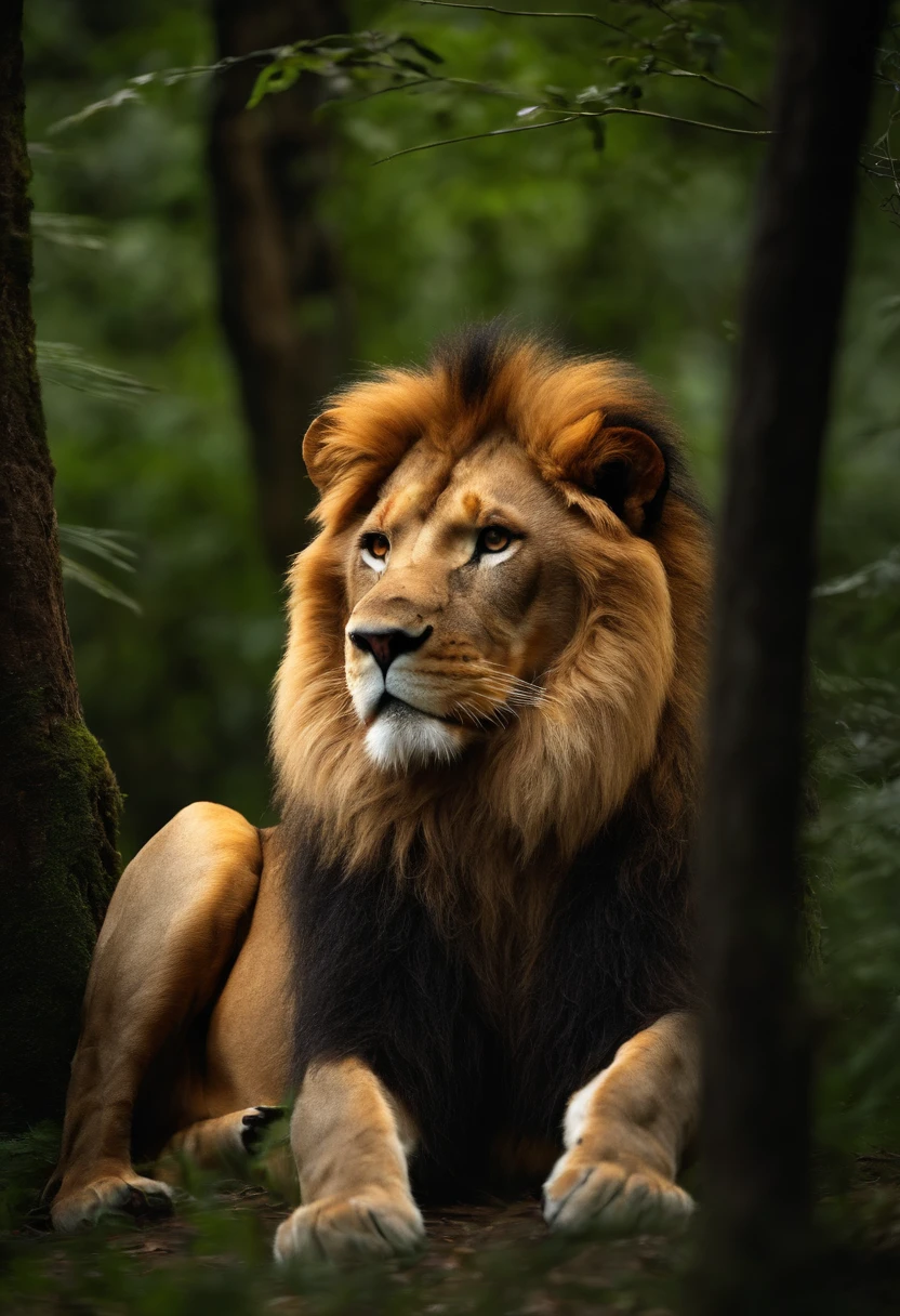 Lion in the middle of the forest, com os olhos resplandecente