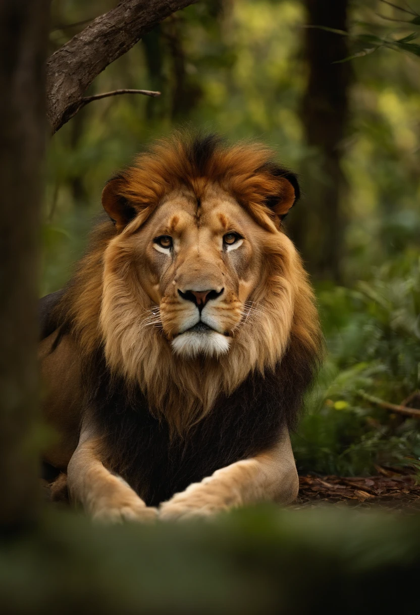 Lion in the middle of the forest, com os olhos resplandecente
