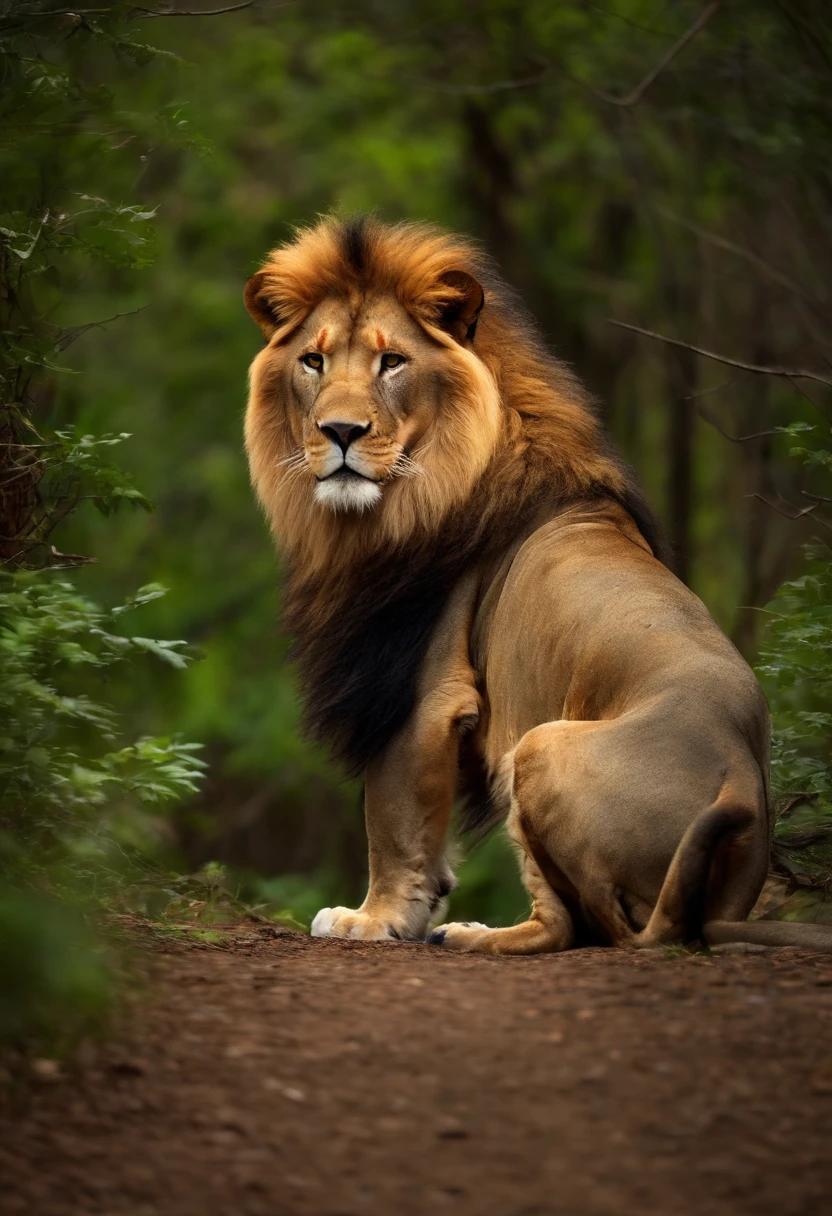 Lion in the middle of the forest, com os olhos resplandecente