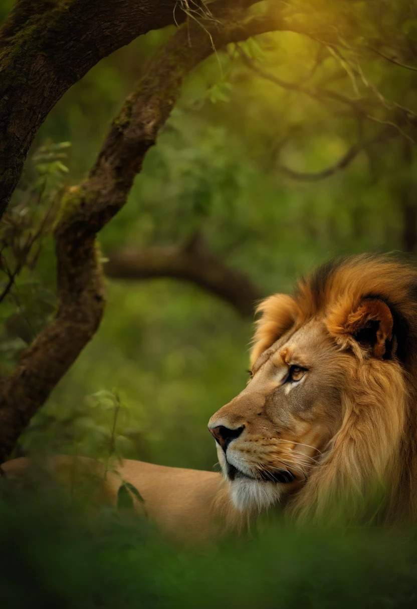 Lion in the middle of the forest, com os olhos resplandecente