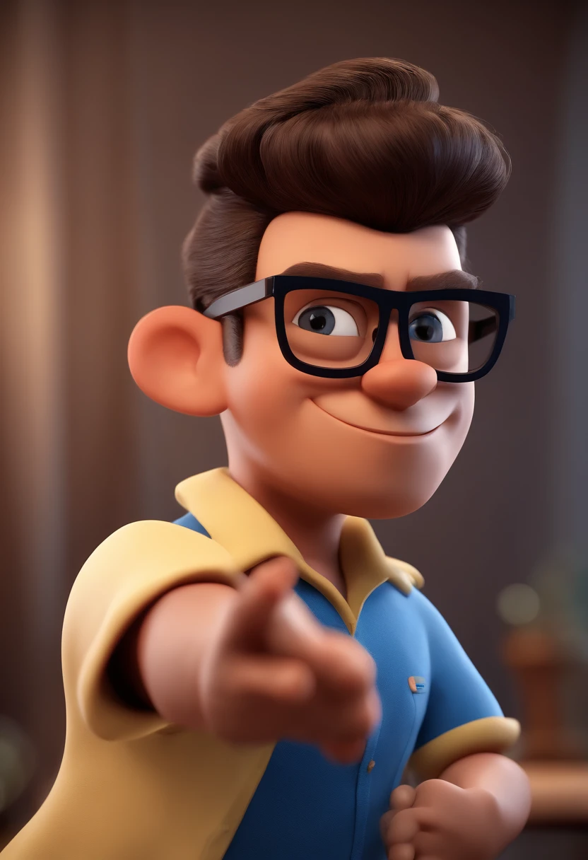 Cartoon character of a man with black glasses and a blue shirt, animation character, Caractere estilizado, animation style rendering, 3D estilizado, Arnold Maya render, 3 d render stylized, toon render keyshot, Personagem 3D, Personagem 3D, 3d rendering stylized, 3 d character render, personagem de desenho animado, Personagem de close up, Pose de personagem,  (Estilo Pixar) (master part:1.2) (Bokeh) (best quality) (pele detalhada) (textura detalhada) (8k) (argila) (Cinematic lighting) (foco nítido