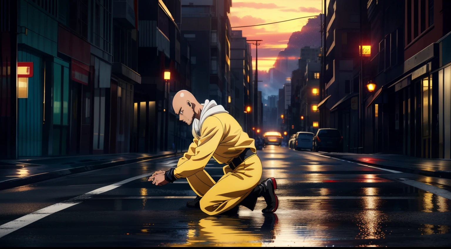 1 homem, (Saitama), Blade head, Vestindo Amarelo, olhos negros, luvas vermelhas, Botas vermelhas, poder aura, Noite, Foco masculino, strong muscles, (corpo inteiro) Godly Strength, emergia amarela ao seu redor, ((sangue escorrendo pelo rosto)), roupa rasgada, (todo machucado), personagem cansado, (homem de lado), (((Kneeling on the city street at night with his hands on the ground))), lua cheia, despair, sparkling eyes, glowing eyes, eye reflection, high detail, anime, Minimalism, anime style, cinematic lighting, sparkle, jpeg artifacts, glowing light, god rays, ray tracing, reflection light, drop shadow, image fill, panorama, Sony FE, UHD, masterpiece, ccurate, anatomically correct, textured skin, super detail, high quality, best quality, HD, 16k
