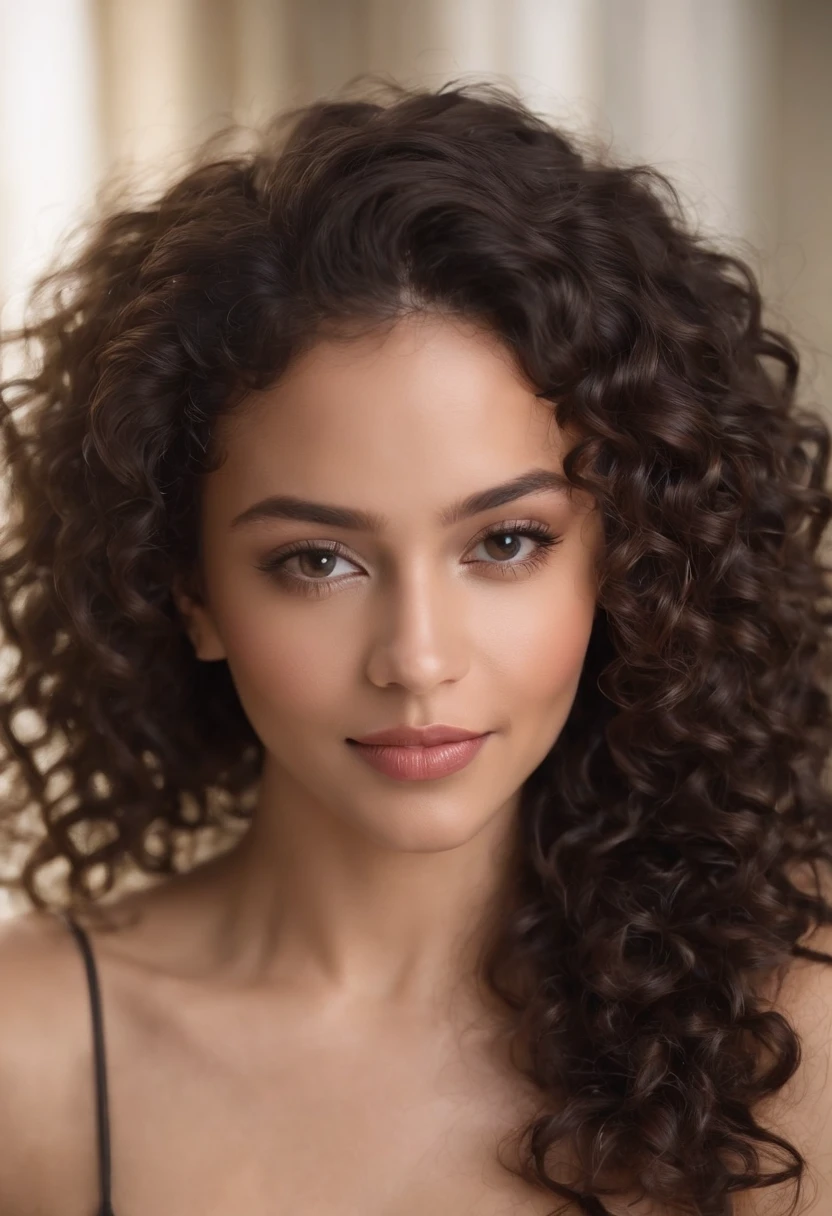 A beautiful and amazing black Brazilian woman,portrait of upper body,Free curls, Black curly hair, (dark shorter curly hair), Wild black long curly hair, multiversal hair, Brazilian, Short black curly hair, Curly black hair, Curls, wavy hair spread out, Baroque curls, curlies, curly, Fair curly hair, Hair texture, curly bang nude