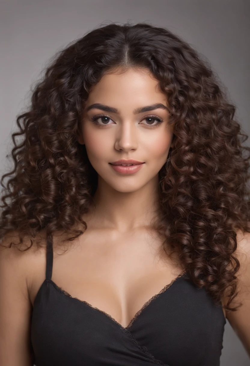 A beautiful and amazing black Brazilian woman，un sourire parfait portrait de corps entier, gros seins, Boucles gratuites, nez parfait, black curly hair, (dark and long curly hair), Long curly wild black hair, cheveux multiversaux, Brazilian, court, black curly hair, black curly hair, Boucles, wavy hair spread out, Boucles baroques, Boucles, Curly, curly hair, Texture des cheveux, Curly bang, fleshy lips , espanique