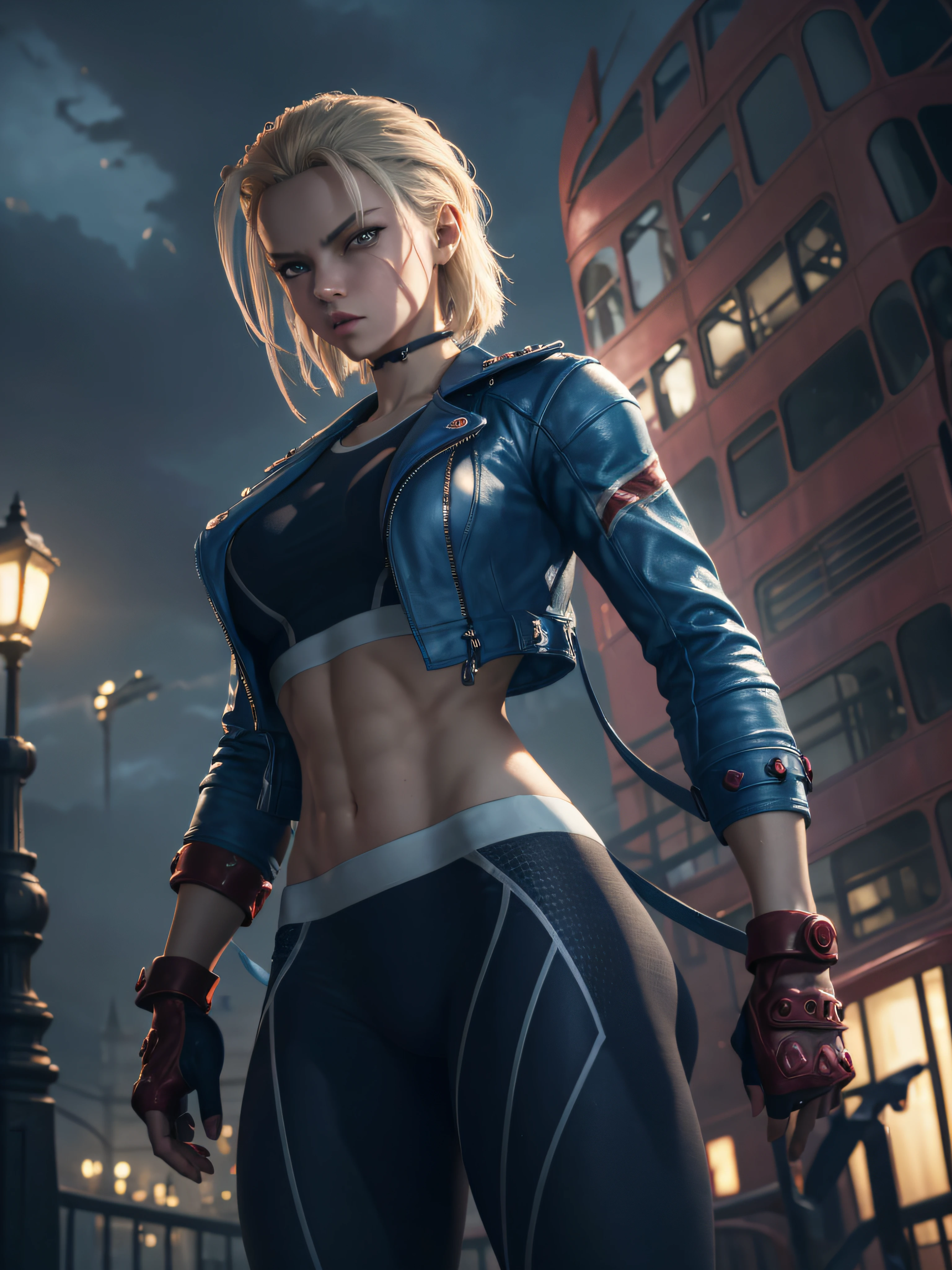 "(exquisitely detailed CG unity 8k wallpaper, masterpiece-quality with stunning realism), (best illumination, best shadow), (best quality), (elegant and demonic style:1.2), Arti modern anime. angled view, heroic pose, closeup full body portrait medium shot of cammy, navy blue sports bra, light blue open jacket, navy blue yoga pants, red gloves, Abdominal muscle, muscle, (eyes looking at viewer:1.0), abs, depth of field blur effect, night, full zoom, action portrait, photorealistic. cinematic lighting, highly detailed. best quality, 4k, Better hand, perfect anatomy, leaning forward, foreshortening effects, (cute coy flirty sexy expression), foreshortening effect, (piercing eyes:0.8), surrounded by an ominous and dark atmosphere, accentuated by dramatic and striking lighting, imbued with a sense of surreal fantasy", (mature:0.5) (night:1) (ready to fight:1.4) (stretching pose:1) (red double-decker bus in the background:1) (in london city:1)