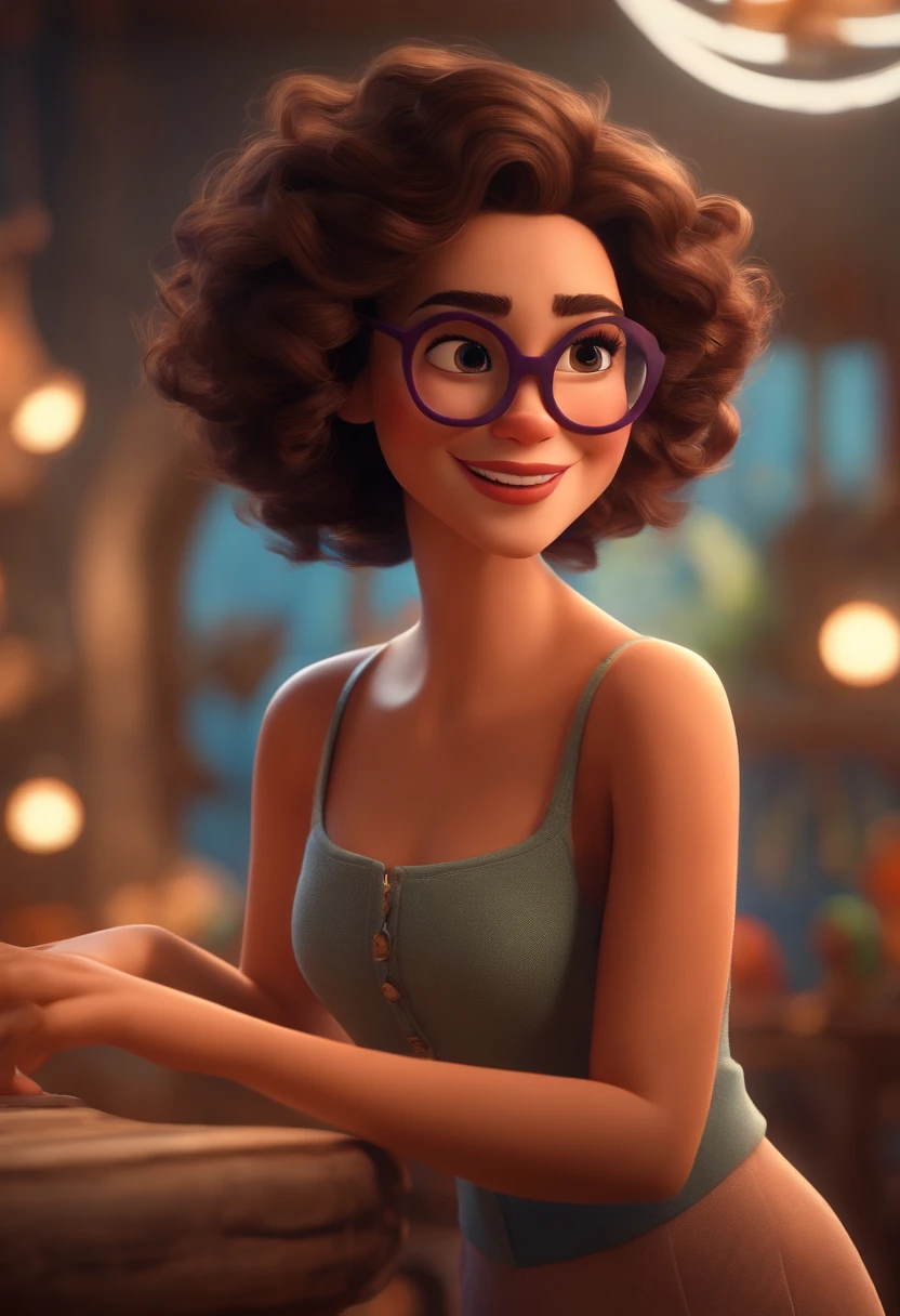 Pixar style image with 3D character white glasses brunette woman short curly hair dancing, Maquiagem Disney,Pescador, bonitinho, sorridente ,Close-up, Pixar, Disney, Cinema lighting,