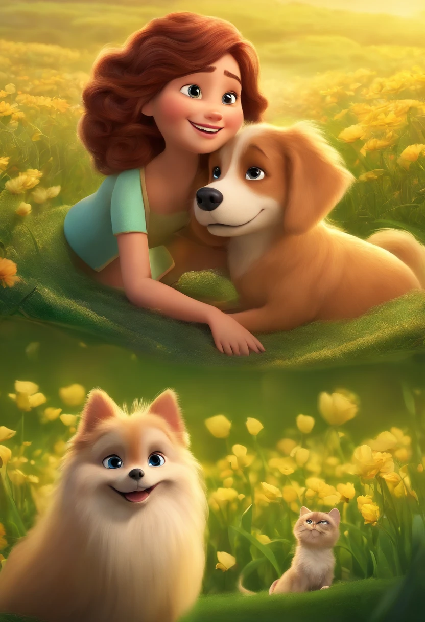 A Disney Pixar-inspired movie poster with title Betta & Aruna.Roberta of eyes green and hair ilumined, in a green field, with her litle golden dog shitzu happy on her lap dressed as a princess.  the scene should be in the distinct digital art style of Pixar, with a focus on character expressions, vibrant colors, and detailed textures that are characteristic oh th animations, with the title Love