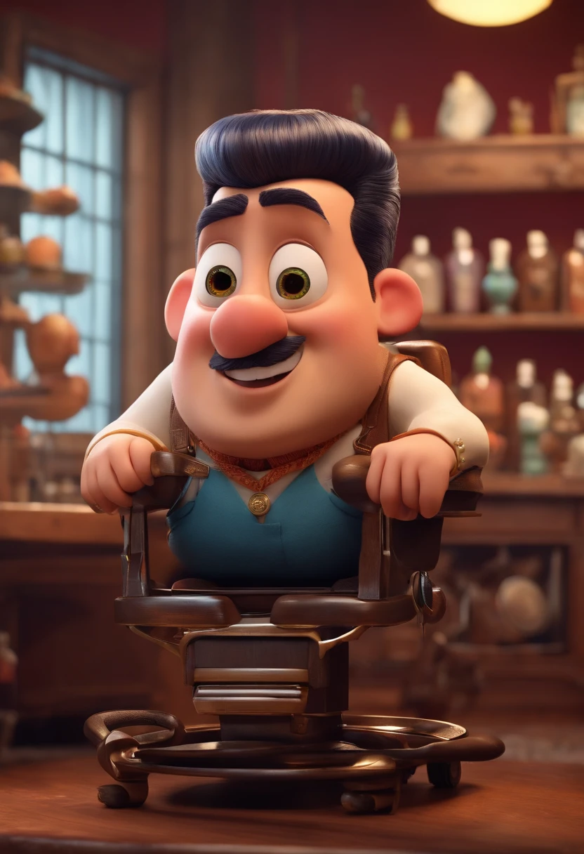 A Dream Barber Inspired by Pixar Animation, de perto. The character takes center stage with captivating facial expressions, oferecendo um toque de irrealidade, Cabelo curto e gordinho gradiente