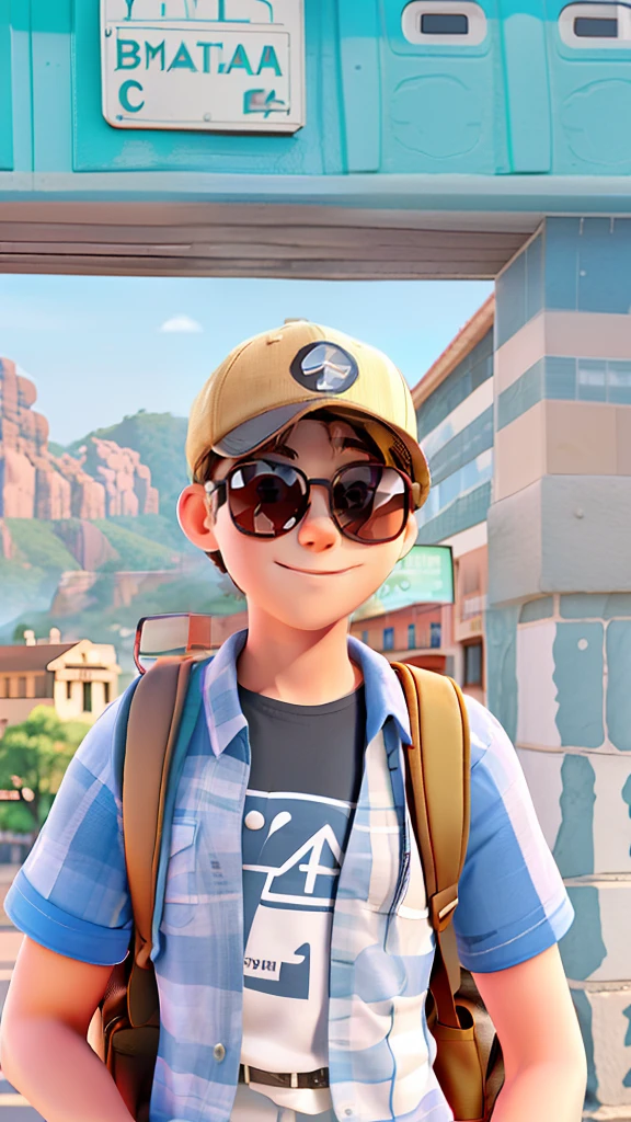 Young brunette man in the photo wearing sunglasses and cap and backpack on a sightseeing tour in Diamantina
