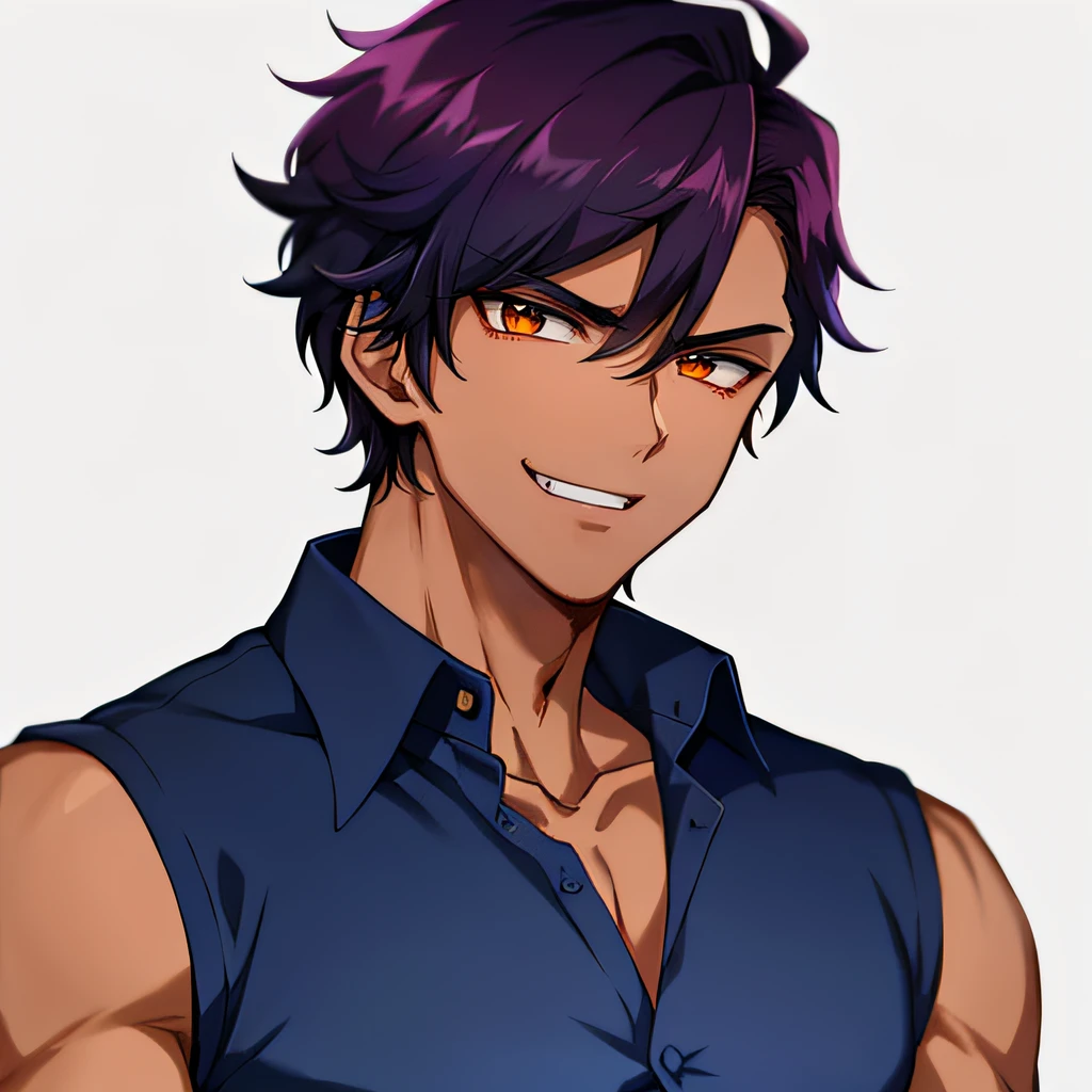 1boy, (man), manly body, anime, (collared shirt), short sleeve, extremely detailed, hyper-detailed, (broad shoulders), (PERFECT FACE), illustration, detailed eyes, darker skin complexion, dark purple hair, short hair, ruffled hair, sexy, toned, upper body, looking at viewer, smirking, (dark caramel skin complexion), best quality, masterpiece, png, portrait, orange eyes, anime eyes, even eyes