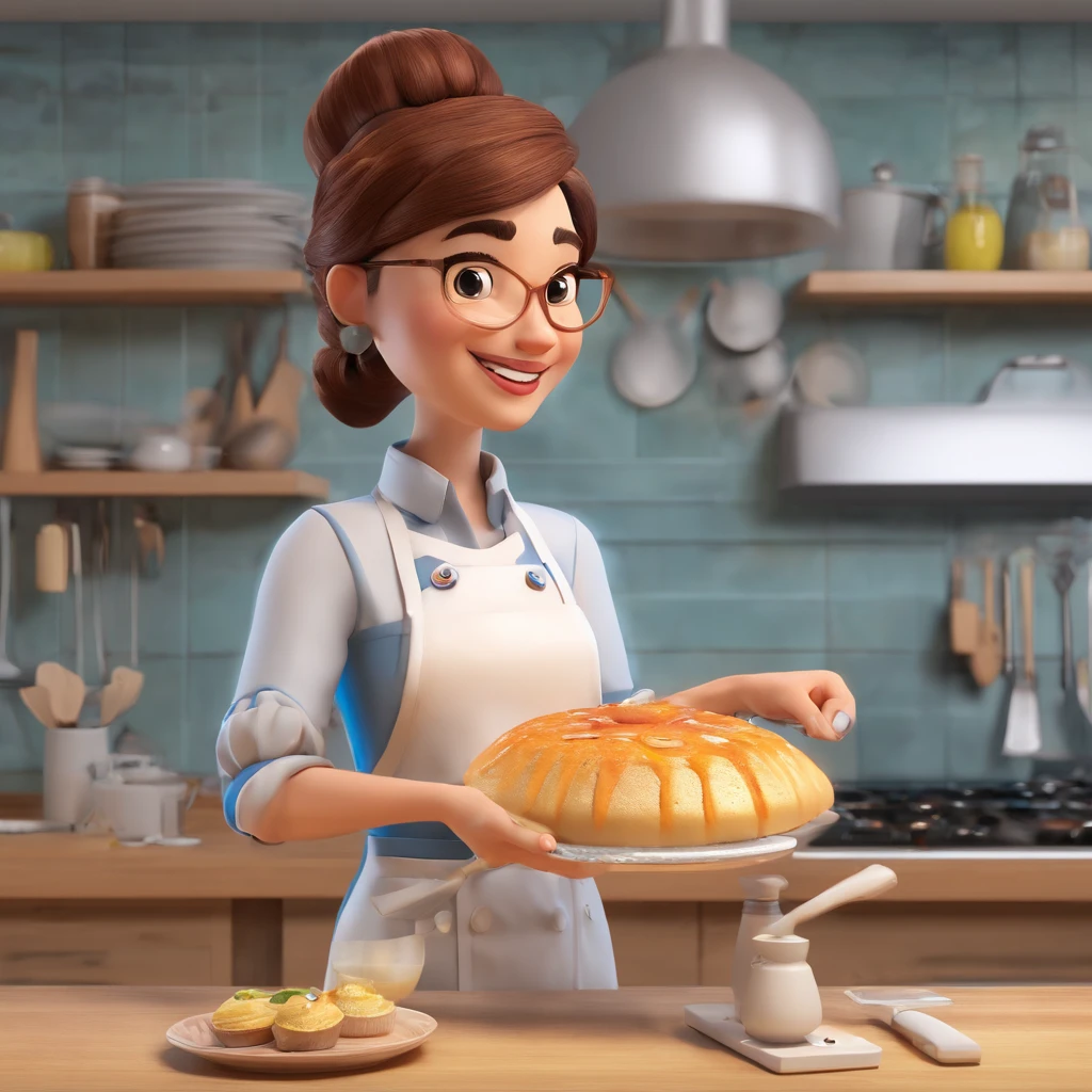 Crie uma cena de desenho animado  estilo 3d -Pixar, Onde uma mulher, de cabelos lisos castanhos com 35 anos de idade, She's cooking dressed as a pastry chef.