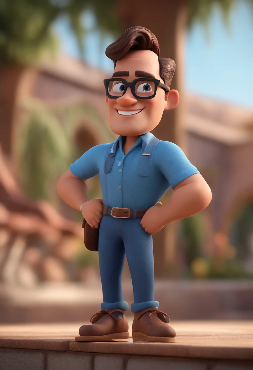 Cartoon character of a man with black glasses and a blue shirt, animation character, Caractere estilizado, animation style rendering, 3D estilizado, Arnold Maya render, 3 d render stylized, toon render keyshot, Personagem 3D, Personagem 3D, 3d rendering stylized, 3 d character render, personagem de desenho animado, Personagem de close up, Pose de personagem,  (Estilo Pixar) (master part:1.2) (Bokeh) (best quality) (pele detalhada) (textura detalhada) (8k) (argila) (Cinematic lighting) (foco nítido
