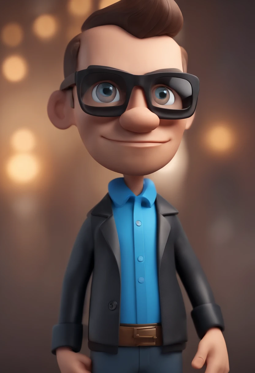 Cartoon character of a man wearing black glasses and a blue shirt, um personagem animado, Caractere estilizado, animation style rendering, 3D estilizado, Arnold Maya render, 3 d render stylized, toon render keyshot, Personagem 3D, Personagem 3D, 3d rendering stylized, 3 d character render, personagem de desenho animado, Personagem de close up, Pose de personagem, (Estilo Pixar) (master part:1.2) (Bokeh) (best quality) (pele detalhada) (textura detalhada) (8k) (argila) (Cinematic lighting) (foco nítido,Senta e vaza a parte superior do corpo