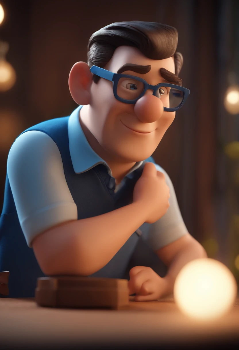 Cartoon character of a man with black glasses and a blue shirt, animation character, Caractere estilizado, animation style rendering, 3D estilizado, Arnold Maya render, 3 d render stylized, toon render keyshot, Personagem 3D, Personagem 3D, 3d rendering stylized, 3 d character render, personagem de desenho animado, Personagem de close up, Pose de personagem,  (Estilo Pixar) (master part:1.2) (Bokeh) (best quality) (pele detalhada) (textura detalhada) (8k) (argila) (Cinematic lighting) (foco nítido