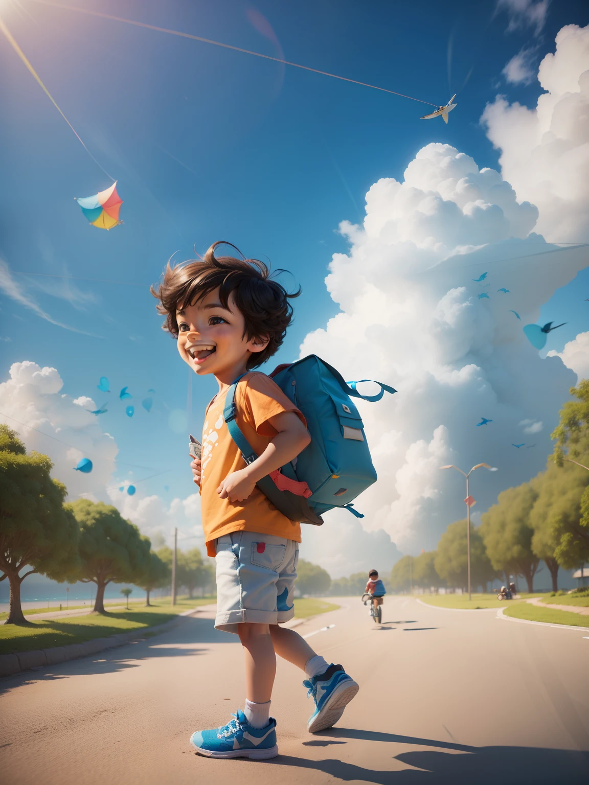 3D Cartoon Style Ride for Kids,Carregando uma bolsa,Kite in hand, Blue sky and white clouds Happy smiling faces